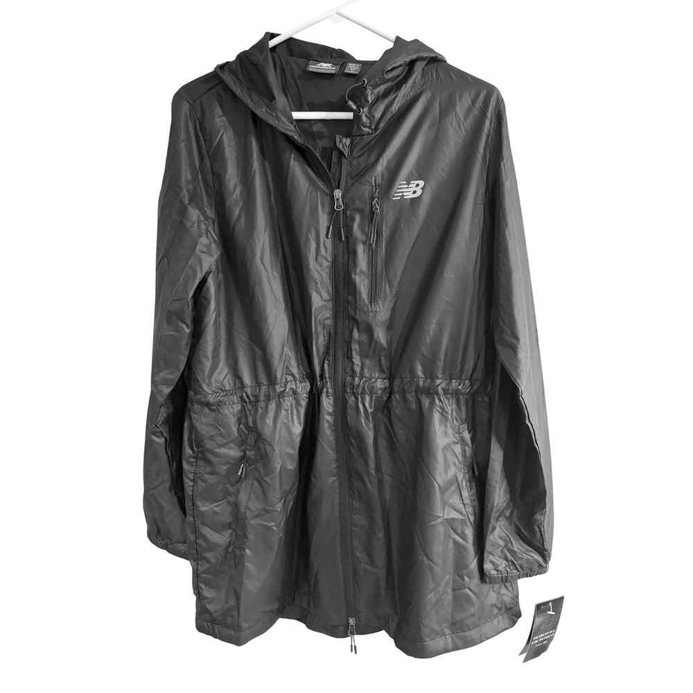 New Balance Womens Hooded Windbreaker Jacket Black Full Zip Cinched Waist Large
